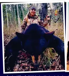  ??  ?? Sensless killing: Switlyk’s joy is evident as she has her picture taken with two innocent creatures that crossed her path — a magnificen­t black bear and a majestic musk ox. Neither was a match for a high-powered rifle