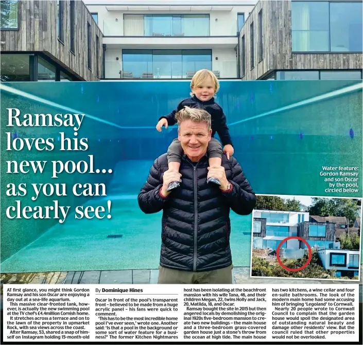  ??  ?? Water feature: Gordon Ramsay and son Oscar by the pool, circled below