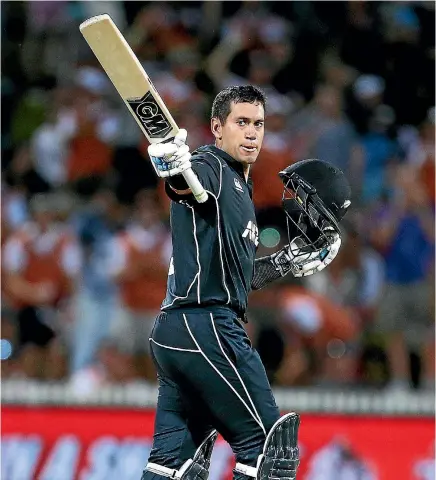  ?? PHOTO: PHOTOSPORT ?? Ross Taylor celebrates his 18th one-day internatio­nal century against England at Seddon Park in Hamilton last month.