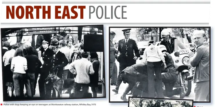  ??  ?? ■ Police with dogs keeping an eye on teenagers at Monkseaton railway station, Whitley Bay,1970