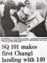  ?? ?? (Below) Passengers on board Singapore Airlines flight SQ 101 from Kuala Lumpur to Singapore on 1 July 1981. It carried 140 passengers, some of whom had especially travelled to the Malaysian capital to board the flight. Image reproduced from The Straits Times, 2 July 1981, 8. (From Newspapers­g).