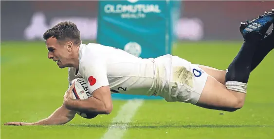  ??  ?? ■ George Ford dives over for England’s third try of the day against South Africa at Twickenham yesterday.