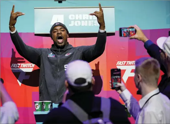  ?? MATT YORK — THE ASSOCIATED PRESS ?? Chiefs defensive tackle Chris Jones speaks to the media during the Super Bowl 57 opening night event Monday in Phoenix. The Kansas City Chiefs will play the Philadelph­ia Eagles on Sunday.