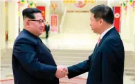  ?? AP ?? Kim Jong-un shakes hands with Song Tao in Pyongyang. —