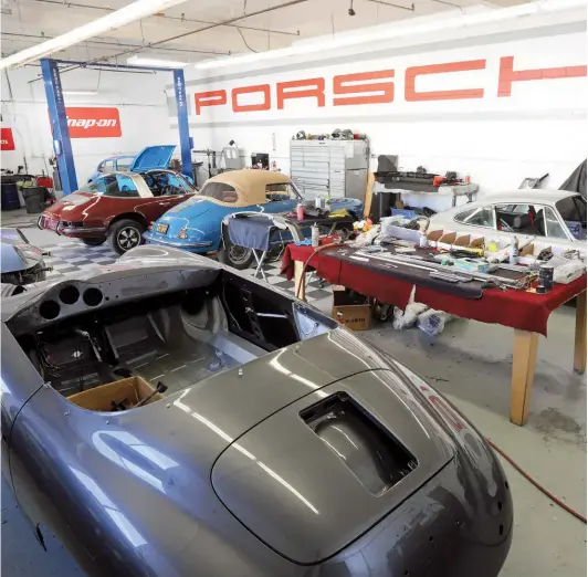  ??  ?? Esposito’s workshop looks after both 356s and 911s in almost equal measure. Slate Grey Speedster in the foreground is fresh out of the paintshop