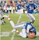  ?? PHELAN M. EBENHACK/AP ?? Former UF defensive back John Huggins comes down with an intercepti­on during the 2018 season opener against Charleston Southern.