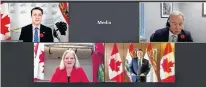  ?? SCREENSHOT ?? Provincial and federal leaders are shown announcing the funding for 12 new electric school buses on Monday. Shown, from left, are P.E.I. Education Minister Brad Trivers, federal Infrastruc­ture Minister Catherine McKenna, Premier Dennis King and Charlottet­own MP Sean Casey.