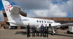  ?? FILE PHOTO ?? Second from the right is John Macek, CEO Integra Air, in August 2016 when he announced daily scheduled flights from Medicine Hat to Edmonton. Integra Air that once played a significan­t role in the local aviation community has closed its Medicine Hat...