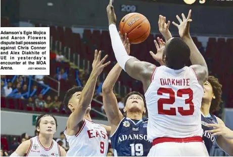  ??  ?? Adamson’s Egie Mojica and Aaron Flowers dispute ball possession against Chris Conner and Alex Diakhite of UE in yesterday’s encounter at the MOA Arena. JOEY MENDOZA