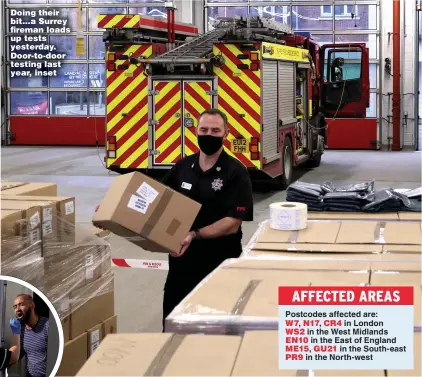  ?? Pictures: GETTY ?? Doing their bit…a Surrey fireman loads up tests yesterday. Door-to-door testing last year, inset