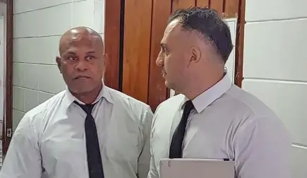  ?? Photo: Salote Qalubau ?? Josese Muriwaqa and Joseph Abourizk at the High Court in Lautoka on March 13,2023.