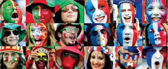  ??  ?? In tribuna I tanti volti delle due tifoserie che domani in tribuna a St. Denis sosterrann­o Portogallo e Francia nella finale dei campionati europei. I portoghesi inseguono il primo titolo, i francesi cercano un altro successo in casa (Afp)