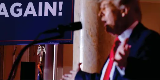  ?? ?? Au Mar-a-Lago Club à Palm Beach, en Floride, le 15 novembre 2022, Donald Trump annonce sa candidatur­e à la Maison Blanche. (Crédits : JONATHAN ERNST)