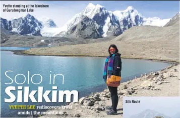  ??  ?? Yvette standing at the lakeshore of Gurudongma­r Lake