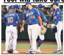  ?? ?? GOOD GAME: Eduardo Esobar (left to right), Luis Guillorme, Pete Alonso, Francisco Lindor and Drew Smith celebrate the Mets’ 4-0 win.