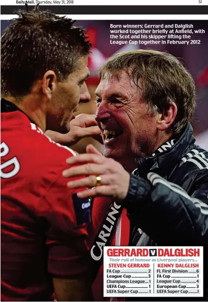  ??  ?? Born winners: Gerrard and Dalglish worked together briefly at Anfield, with the Scot and his skipper lifting the League Cup together in February 2012