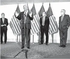  ?? PATRICK SEMANSKY/AP ?? President Donald Trump speaks after meeting with Senate Republican­s at their weekly luncheon in May. Battle for control of Congress is solidifyin­g into a race about Trump.