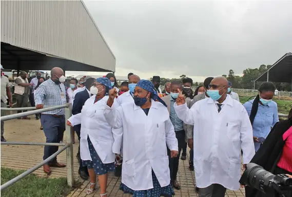  ?? /Bongani Mdakane ?? Free State premier Sisi Ntombela is joined by agricultur­e MEC Thembeni Nxangisa, left, government officials and Vrede farm beneficiar­ies on a walkabout at the 2 094-hectare farm.