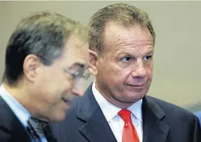  ?? STEVE CANNON/AP ?? Former sheriff of Broward County Scott Israel, right, and his attorney, Benedict Kuehne, wait their turn Monday to speak to the Senate Rules Committee concerning his dismissal by Gov. Ron DeSantis.