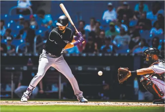  ?? Mark Brown, Getty Images ?? Rockies outfielder David Dahl freezes while watching a pitch from Florida left-hander Caleb Smith on Sunday at Marlins Park in Miami. Colorado went 15-for-90 at the plate against the Marlins during their three-game series this past weekend.