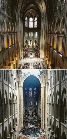  ?? Foto: Ludovic Marin, afp ?? Vor und nach dem Feuer: ein Blick in den Innenraum der Kathedrale Notre-Dame in Paris.