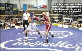  ??  ?? Drei Tage lang sahen die Zuschauer in der Schlosstei­challe tollen Boxsport - wie hier von Yves Kentsch (r.) aus Sachsen.