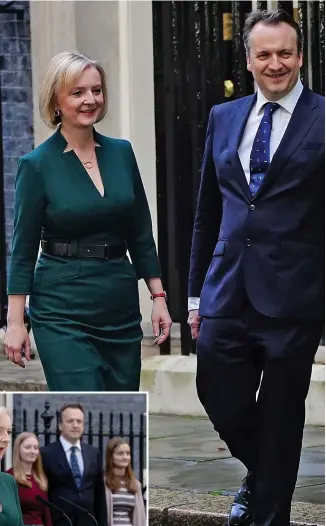  ?? ?? Goodbye…Liz Truss is joined by husband Hugh O’Leary and daughters Frances and Liberty outside No 10, above, as she gives her last speech as Prime Minister