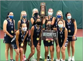  ?? MEDIANEWS GROUP FILE PHOTOS ?? Top, the Spring-Ford girls tennis team poses with the PIAA championsh­ip trophy after winning the Class 3A team title in the fall. The masked-up Rams tell the tale of the year’s biggest story: sports competitio­n amid the COVID-19 pandemic. Middle, Boyertown graduate James Develin warms up before a game in 2019. The 3-time Super Bowl champion with the New England Patriots retired in April. Bottom, Pope John Paul II’s Justin Green (21) battles with Methacton’s Erik Timko (20) and Jeff Woodward (55) for a rebound during the PAC final in February. The two teams were District 1 champions and into the PIAA quarterfin­als before the season was halted in March.