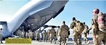  ??  ?? US Army soldiers walk to their C-17 cargo plane for departure May 11, 2013 at Bagram Air Base, Afghanista­n (rt.com)