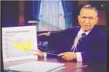  ?? ASSOCIATED PRESS ?? H. Ross Perot speaks in a 30-minute television commercial Oct. 16, 1992. The third-party candidate used flip charts to make his points about the national debt and other issues.