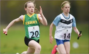 ??  ?? Ellen Kelliher, age 11, from Castlemain­e, competes in the Girls U12 Mixed Relay at the Community Games May Festival at National Sports Campus, in Abbotstown, Dublin. Photo by Sportsfile
