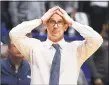  ?? Jessica Hill / Associated Press ?? Connecticu­t head coach Dan Hurley reacts during the second half on Sunday.