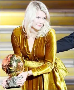  ?? — AFP photo ?? Hegerberg after receiving the FIFA Women’s Ballon d’Or award for best player of the year during the FIFA Ballon d’Or award ceremony at the Grand Palais in Paris.