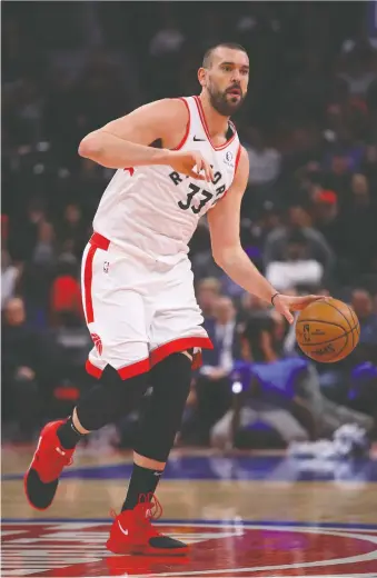  ?? GREGORY SHAMUS/GETTY IMAGES/FILES ?? Toronto Raptors centre Marc Gasol is fully recovered from his earlier injury and the Spaniard is reportedly in great shape after the four-month layoff.