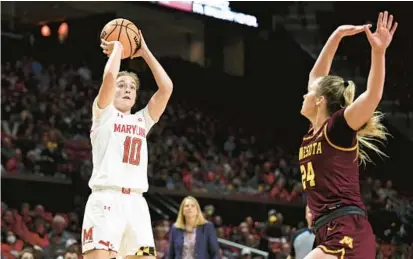  ?? GAIL BURTON/AP ?? Maryland’s Abby Meyers shoots over Minnesota’s Mallory Heyer during the second half of a Dec. 30 game in College Park.