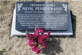  ?? LIAM RICHARDS ?? A headstone now marks the grave of Nevil Pendygrass­e at the Nutana cemetery. Obert Friggstad, who has lived in the “Pendygrass­e House” on St. Henry Avenue since 1972, became fascinated with the family’s history and the story of how Nevil Pendygrass­e drowned in 1887.