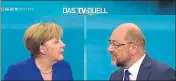  ?? REUTERS ?? German Chancellor Angela Merkel and her challenger Martin Schulz during a televised debate. Polls released by Germany’s public broadcaste­rs after their only such debate declared Merkel the winner. German voters will take to the polls in a general...