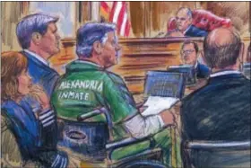  ?? DANA VERKOUTERE­N - ASSOCIATED PRESS ?? This courtroom sketch depicts former Trump campaign chairman Paul Manafort, center in a wheelchair, during his sentencing hearing in federal court before judge T.S. Ellis III in Alexandria, Va.