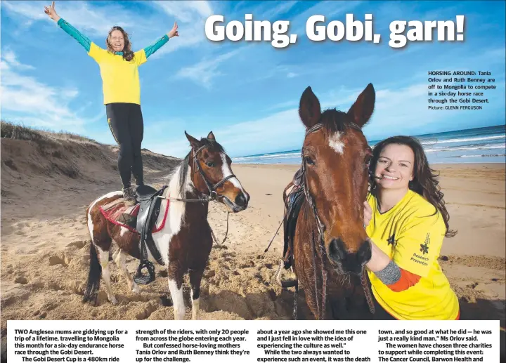  ?? Picture: GLENN FERGUSON ?? TWO Anglesea mums are giddying up for a trip of a lifetime, travelling to Mongolia this month for a six-day endurance horse race through the Gobi Desert.
The Gobi Desert Cup is a 480km ride through some of the most unforgivin­g terrain on the planet,...