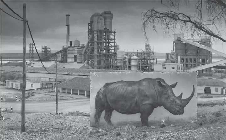  ??  ?? Factory With Rhino, 2014; above, Road Junction With Qumquat & Family; all images courtesy the artist