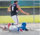  ?? Photo / Supplied ?? Jefferson Yacap beats the throw to reach third base safely during Mustangs’ narrow win over Bluesox.