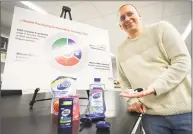  ?? Matthew Brown / Hearst Connecticu­t Media ?? Joel Faaborg, Henkel’s director of package developmen­t, shows products in developmen­t in the company’s research-and-developmen­t center at 200 Elm St. in Stamford.