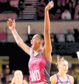  ?? SUPERNETBA­LL ?? Sunshine Girls’ Latanya Wilson reacts during a Suncorp Super Netball League match between her Adelaide Thunderbir­ds and the Queensland Firebirds at the Adelaide Entertainm­ent Centre on Saturday.