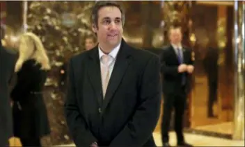  ?? RICHARD DREW — THE ASSOCIATED PRESS FILE ?? Michael Cohen, then an attorney for President-elect Donald Trump, arrives in Trump Tower in New York. For Cohen and Donald Trump, it’s always been about money and loyalty. Those were guiding principles for Cohen when he served as more than just a lawyer for Trump during the developer’s rise from celebrity to president-elect.