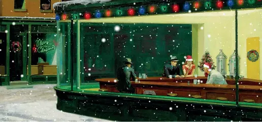  ??  ?? L’opera Un’elaborazio­ne in chiave natalizia del quadro «Nighthawks», dipinto dall’artista americano Edward Hopper nel 1942