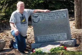  ?? Herald photo by Ian Martens ?? Burt Green, former shop steward for CUPE Local 70, was on hand to mark the Day of Mourning at the workers’ monument Tuesday at Mountainvi­ew Cemetery. @IMartensHe­rald