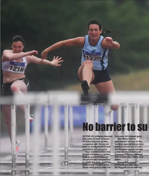  ??  ?? Determinat­ion is etched on the face of Boyne AC’s Amy McTeggart (right) as she competes in the hurdles during Day 1 of the Irish Life Health National Combined Event Championsh­ips at Morton Stadium.