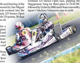  ??  ?? Japan’s Kaito Tsukada shows the way for China’s Yan Liang in the finals of the Formula 125 Senior Open class.