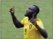  ?? VICTOR CAIVANO — THE ASSOCIATED PRESS ?? Belgium’s Romelu Lukaku celebrates after scoring his side’s third goal against Tunisia during the group G match between Belgium and Tunisia at the 2018 soccer World Cup in the Spartak Stadium in Moscow, Russia, Saturday.