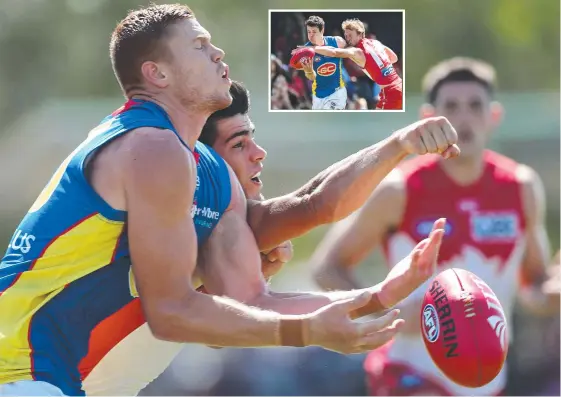  ?? Picture: GETTY IMAGES ?? Sam Collins (left) contests with Swans rival Lewis Melican yesterday, while Chris Burgess (inset) also appears in the mix for Round 1.